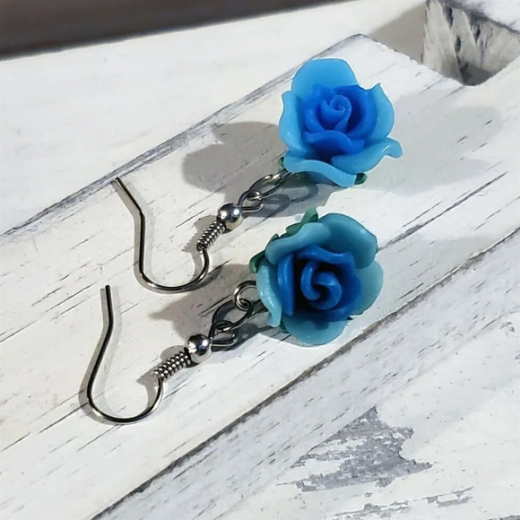 Handcrafted Fimo Polymer Clay Blue Rose Flower Bead Dangle Earrings - Picture 2 of 5